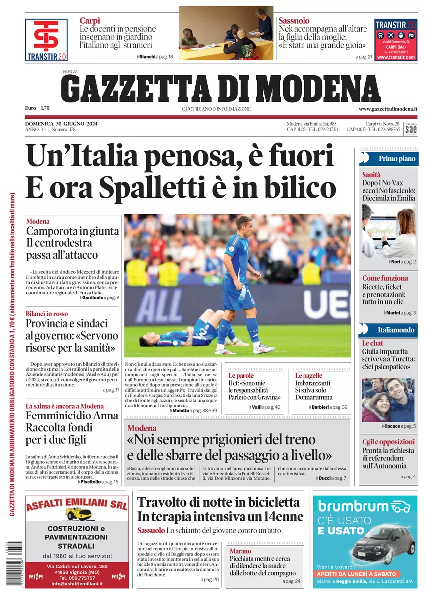 Prima-pagina-gazzetta di modena-oggi-edizione-del-2024-06-30